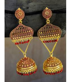 Traditional Indian Gold Plated Maroon Temple Style Jhumka Earring RAE0974
