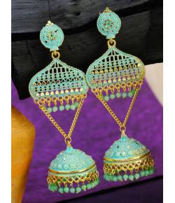 Traditional Indian Gold Plated SeaGreen Temple Style Jhumka Earring RAE0975