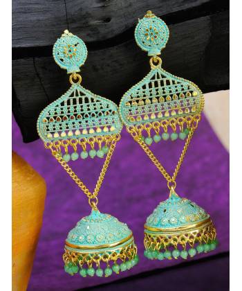 Traditional Indian Gold Plated SeaGreen Temple Style Jhumka Earring RAE0975