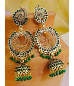 Designer Gold-Plated Peacock Design Green Jhumka Earrings RAE0976