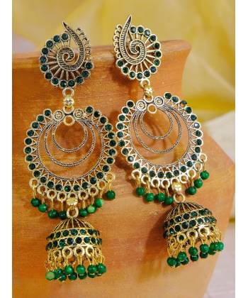 Designer Gold-Plated Peacock Design Green Jhumka Earrings RAE0976
