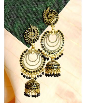 Designer Gold-Plated Peacock Design Black Jhumka Earrings RAE0977