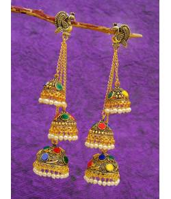Gold plated Peacock Three Long Hanging Jhumka Earrings RAE0999