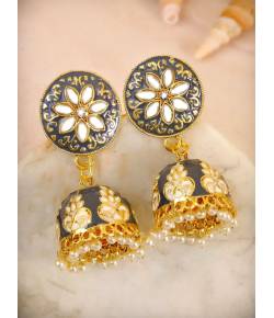Traditional Gold plated Grey  Meenakari Enamel  Kundan Floral Earrings  RAE1005