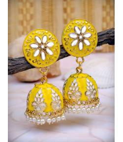 Traditional Gold plated  Yellow Meenakari Enamel  Kundan Floral Earrings  RAE1006