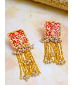 Traditional Dangler Red Long chain With White Pearls Earrings RAE1009