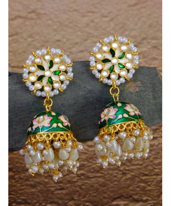 Meenakari Gold Plated Kundan Green Jhumka Earrings With Pearls RAE1022