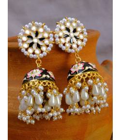 Meenakari Gold Plated Kundan Black Jhumka Earrings With Pearls RAE1023