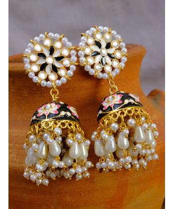 Meenakari Gold Plated Kundan Black Jhumka Earrings With Pearls RAE1023