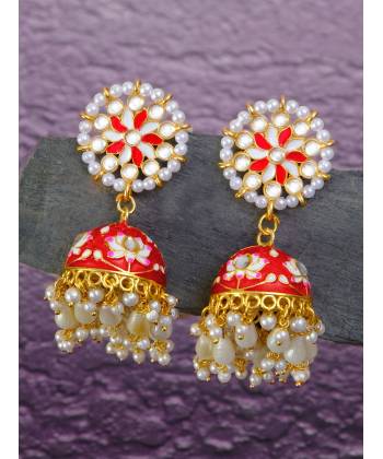 Meenakari Gold Plated Kundan Jhumka Earrings With Long  Pearls  RAE1025
