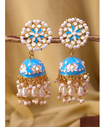 Meenakari Gold Plated Kundan Sky-Blue Jhumka Earrings With Pearls RAE1026