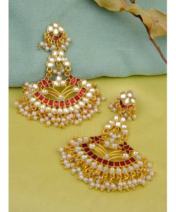 Designer Studded Gold Plated Kundan Red Earrings With White Pearls RAE1034