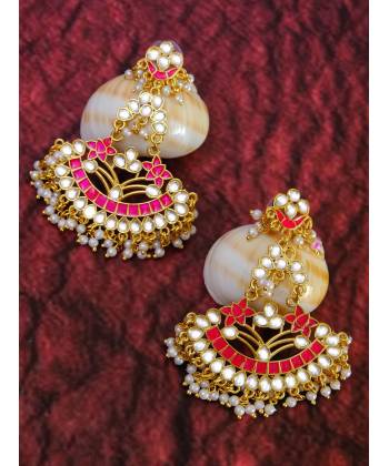Designer Studded Gold Plated KundanPink  Earrings With White Pearls RAE1037