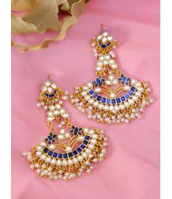 Designer Studded Gold Plated Kundan Blue Earrings With White Pearls RAE1038