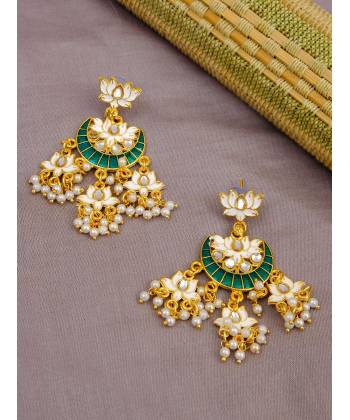 Indian Traditional Meenakari Enamel Kundan Pearl White Lotus Chandbali Earrings Beads Handwork  RAE1044