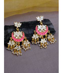 Indian Traditional Meenakari Enamel Kundan Pearl White Lotus Chandbali Earrings  Handwork  RAE1045 