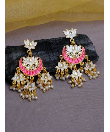 Indian Traditional Meenakari Enamel Kundan Pearl White Lotus Chandbali Earrings  Handwork  RAE1045 