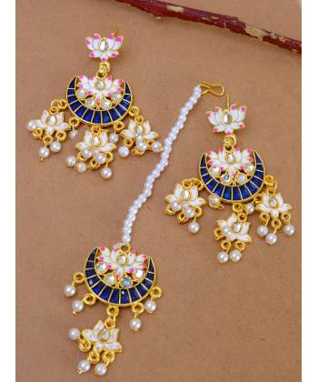 Indian Traditional Meenakari Enamel Kundan Pearl White Lotus Chandbali Earrings & Maang Tika Set  Handwork  RAE1048   