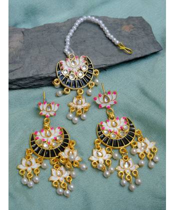Indian Traditional Meenakari Enamel Kundan Pearl White Lotus Chandbali Earrings & Maang Tika Set  Handwork  RAE1050
