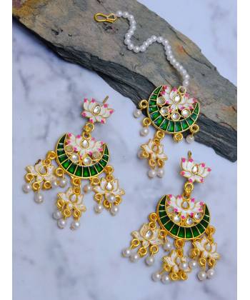 Indian Traditional Meenakari Enamel Kundan Pearl White Lotus Chandbali Earrings & Maang Tika Set RAE1051t  Handwork  