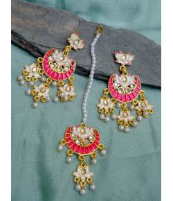 Indian Traditional Red Meenakari Enamel Kundan Pearl White Lotus Chandbali Earrings & Maang Tika Set RAE1052