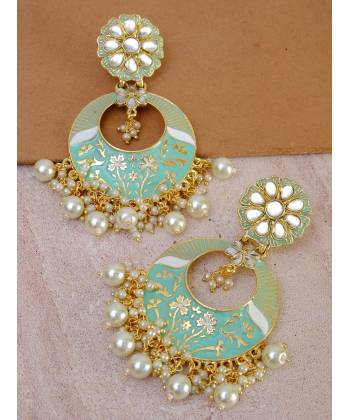 Gold-Plated Chandbali  Sea Green Meenakari Style With Pearls RAE1055