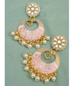 Gold- Plated Chandbali Pink Meenakri Design With White Pearls Earrings RAE1056
