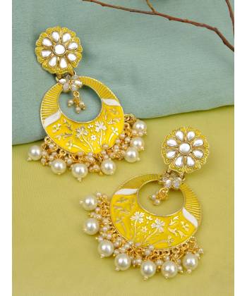 Gold-Plated Chandbali Yellow Meenakari Style With Pearls RAE1057