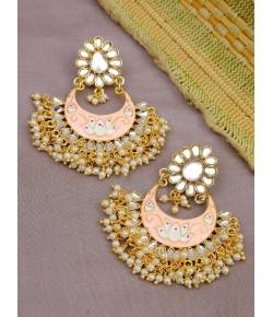 Gold-Plated Meenakari Chandbali Kundan Floral Pink Earrings With Pearls RAE1060