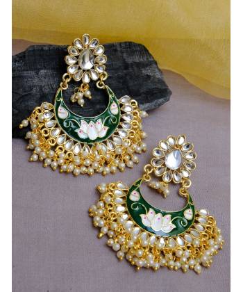 Gold-Plated Meenakari Chandbali Floral Green  Earrings With Pearls RAE1061