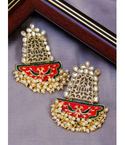 Meenakari Antique pasha Design Style Red Gold-Plated Earrings  With Pearls RAE1065