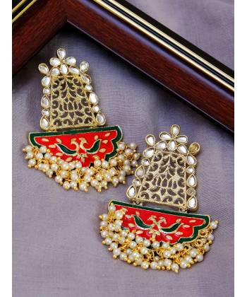 Meenakari Antique pasha Design Style Red Gold-Plated Earrings  With Pearls RAE1065