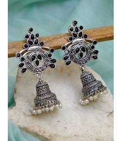 Oxidized German Silver Meenakri Black Floral Temple Design Jhumka Earring With Pearls RAE1081