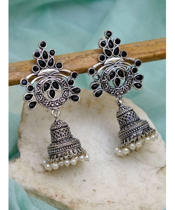 Oxidized German Silver Meenakri Black Floral Temple Design Jhumka Earring With Pearls RAE1081