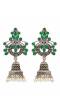 Oxidized German Silver Meenakri Green Floral Temple Jhumka Earring With Pearls RAE1082