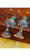 Oxidized German Silver Meenakri Green Floral Temple Jhumka Earring With Pearls RAE1082