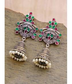 Oxidized German Silver Meenakri MultiColor Floral Temple Design Jhumka Earring With Pearls RAE1083