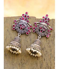 Oxidized German Silver Meenakri Pink Floral Temple DEsign Jhumka Earring With Pearls RAE1084