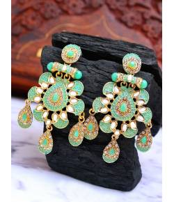 Indian Designer  Floral Kundan Polki Green Enamelled Dangler Earrings RAE1087