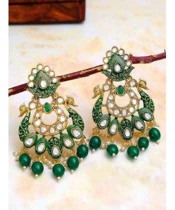 Crunchy Fashion Jewellery Traditional Gold-Plated Peacock Design Green Meenakari Dangler Earrings  RAE1088