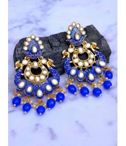 Crunchy Fashion Jewellery Traditional Gold-Plated Peacock Design Blue Meenakari Dangler Earrings  RAE1089