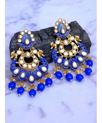 Crunchy Fashion Jewellery Traditional Gold-Plated Peacock Design Blue Meenakari Dangler Earrings  RAE1089