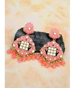 Traditional Gold-Plated Ethnic Kundan & Imitation Pearl Pink Dangler Earrings RAE1091