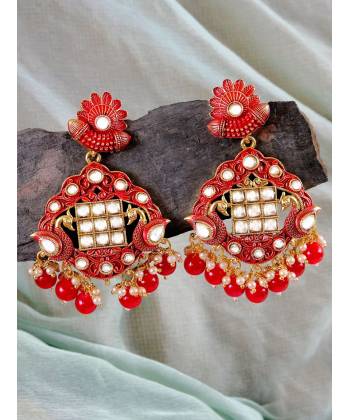 Traditional Gold-Plated Ethnic Kundan & Imitation Pearl Red Dangler Earrings  RAE1092