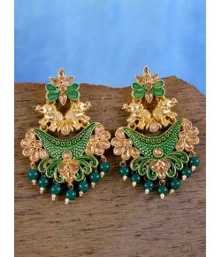 Gold Plated Green Color Drop & Dangle  Elephant Design Earrings  RAE1095