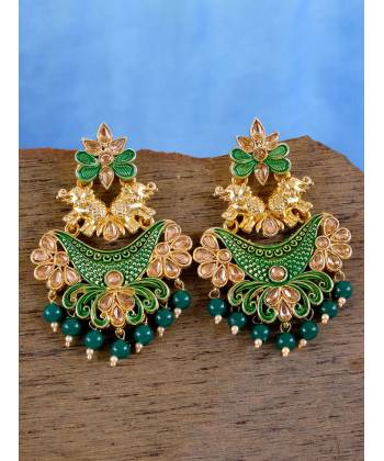 Gold Plated Green Color Drop & Dangle  Elephant Design Earrings  RAE1095