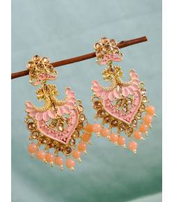 Traditional Gold Plated Kundan Work Peach Color Drop & Dangle Earrings RAE1098