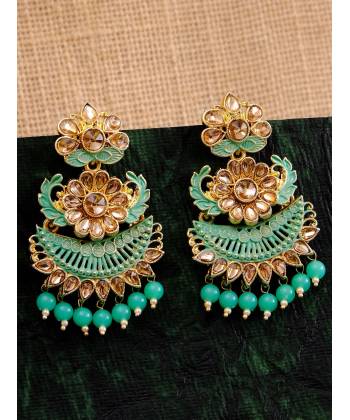 Traditional Gold Plated Green Color Drop & Dangle Floral  Earrings  RAE1099