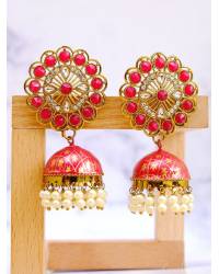 Buy Online Royal Bling Earring Jewelry Gold-plated Leaf Design Precious Pink Stones Gold Jhumka RAE1322 Jewellery RAE1322