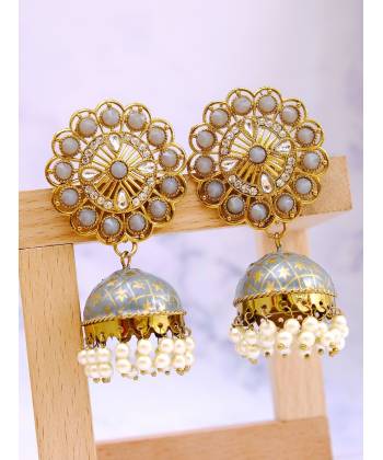 Traditional Indian Gold plated Round Floral Grey Jhumki  Earring RAE1103